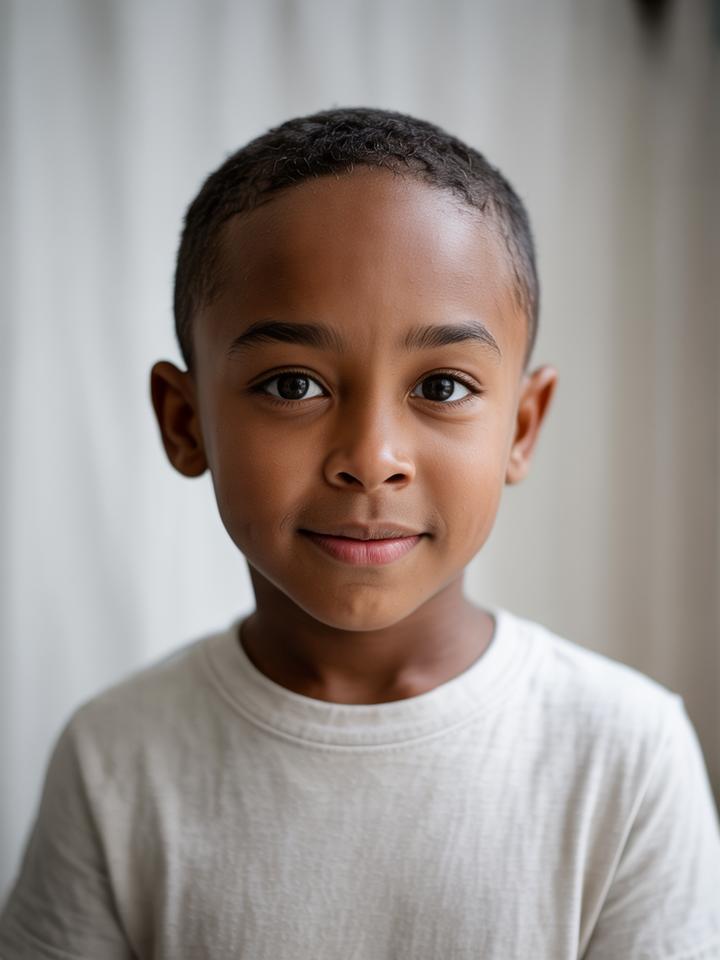 Kofi — AI child model: Short natural hair, gentle smile